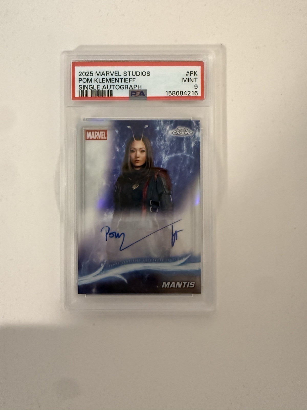 Topps 2025 Marvel Studios Chrome PSA 9 Auto Pom Klementieff Mantis AA-PK view 1