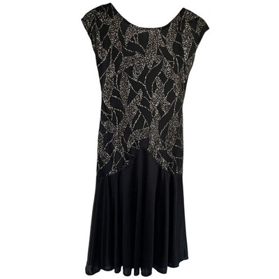 Vintage 80s Karat Club Drop Waist Midi Dress XS Black Gold Leaf Sparkle Glitter