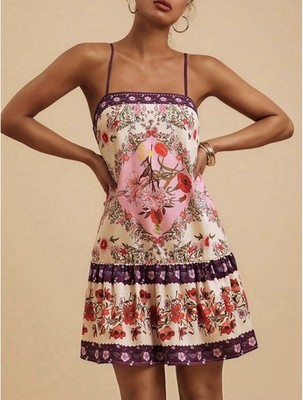 Women s Square Neck Floral Mini Sundress S Multicolor Strappy Ruffle Hem