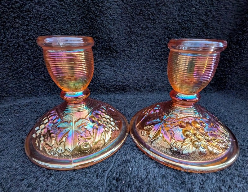 Imperial Glass (IG) Marigold Carnival Candlesticks in Grape n Leaf Discontinued