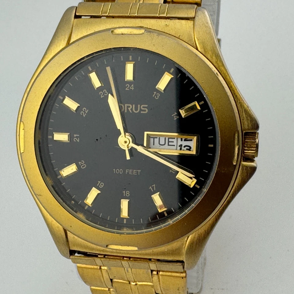 Lorus Quartz Watch Men Gold Tone Black Military Dial Day Date New Battery 6.75" - image 2 of 4