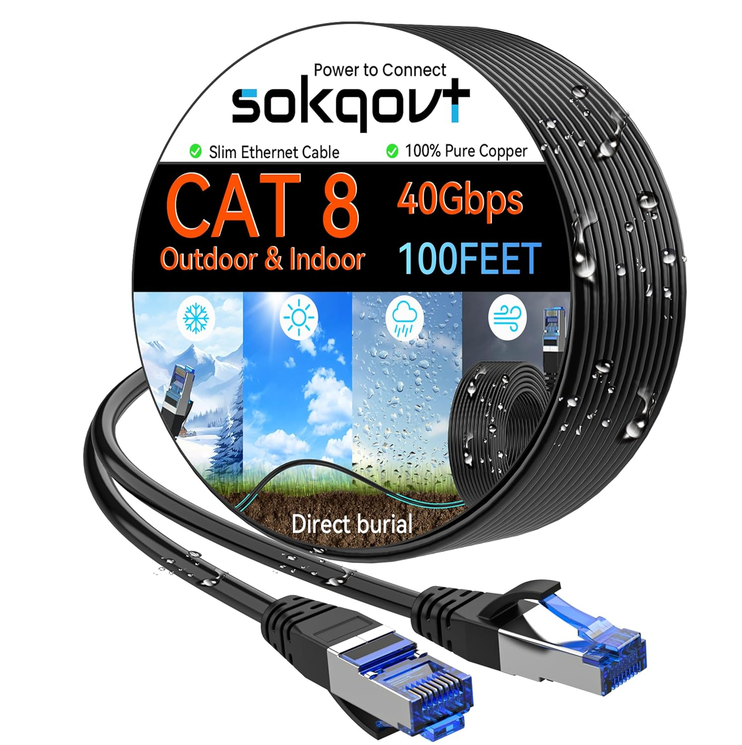 Slim Cat8 Ethernet Cable 100Ft Outdoor Indoor Pure Copper High-Speed Internet Network Cable