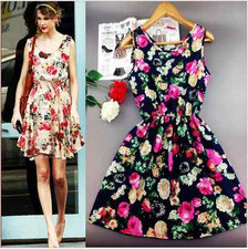 Spring Summer Celebrity Style Women Casual Floral Print Mini Chiffon Dress L