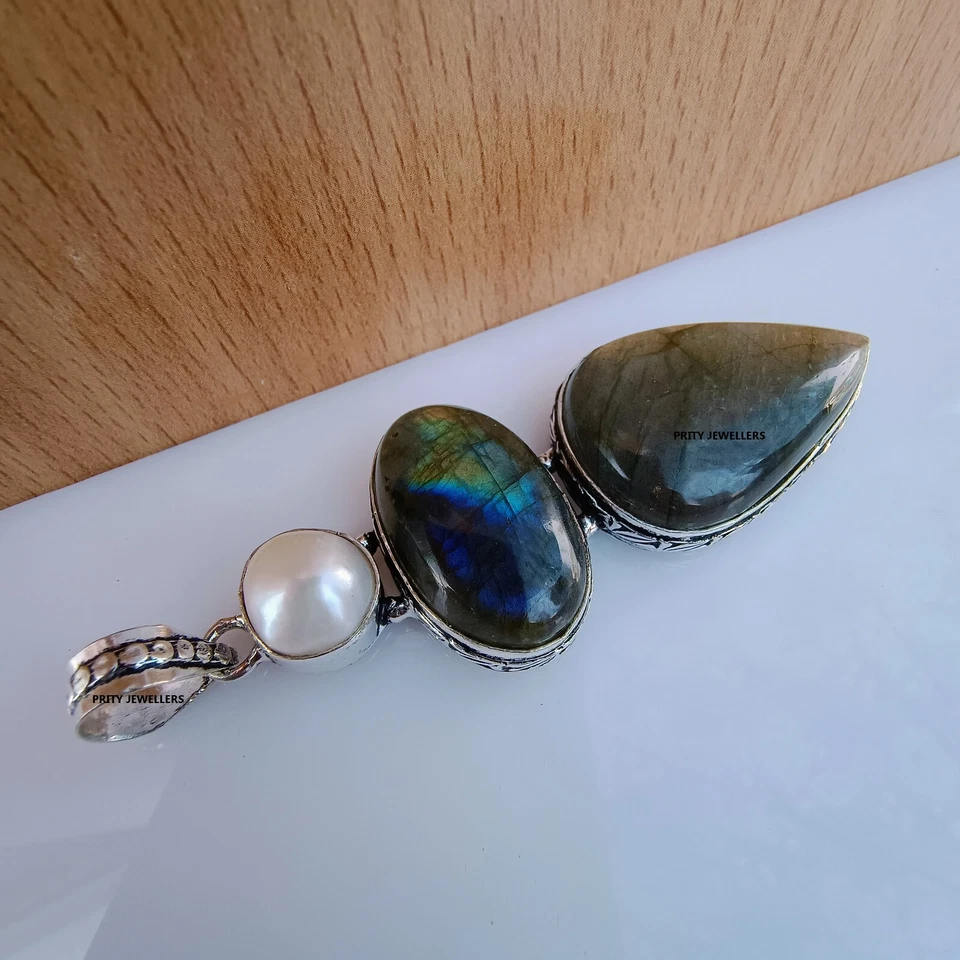 Labradorita con colgante enchapado en plata de perlas, collar grande antiguo hecho a mano Foto 4 de 4