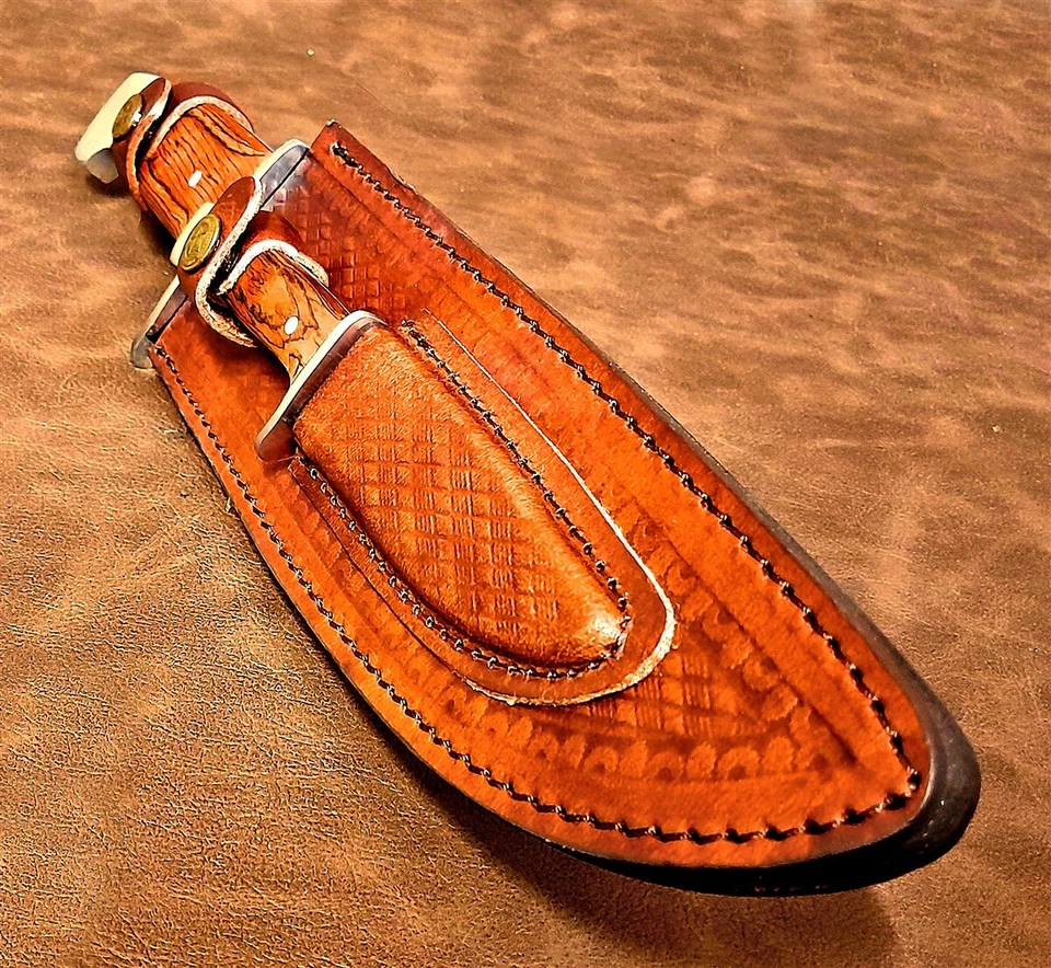 Bowie Hunting Knife 2pc Set Full-Tang Survival Tactical w/Leather Sheath TR71 - Image 2 of 4