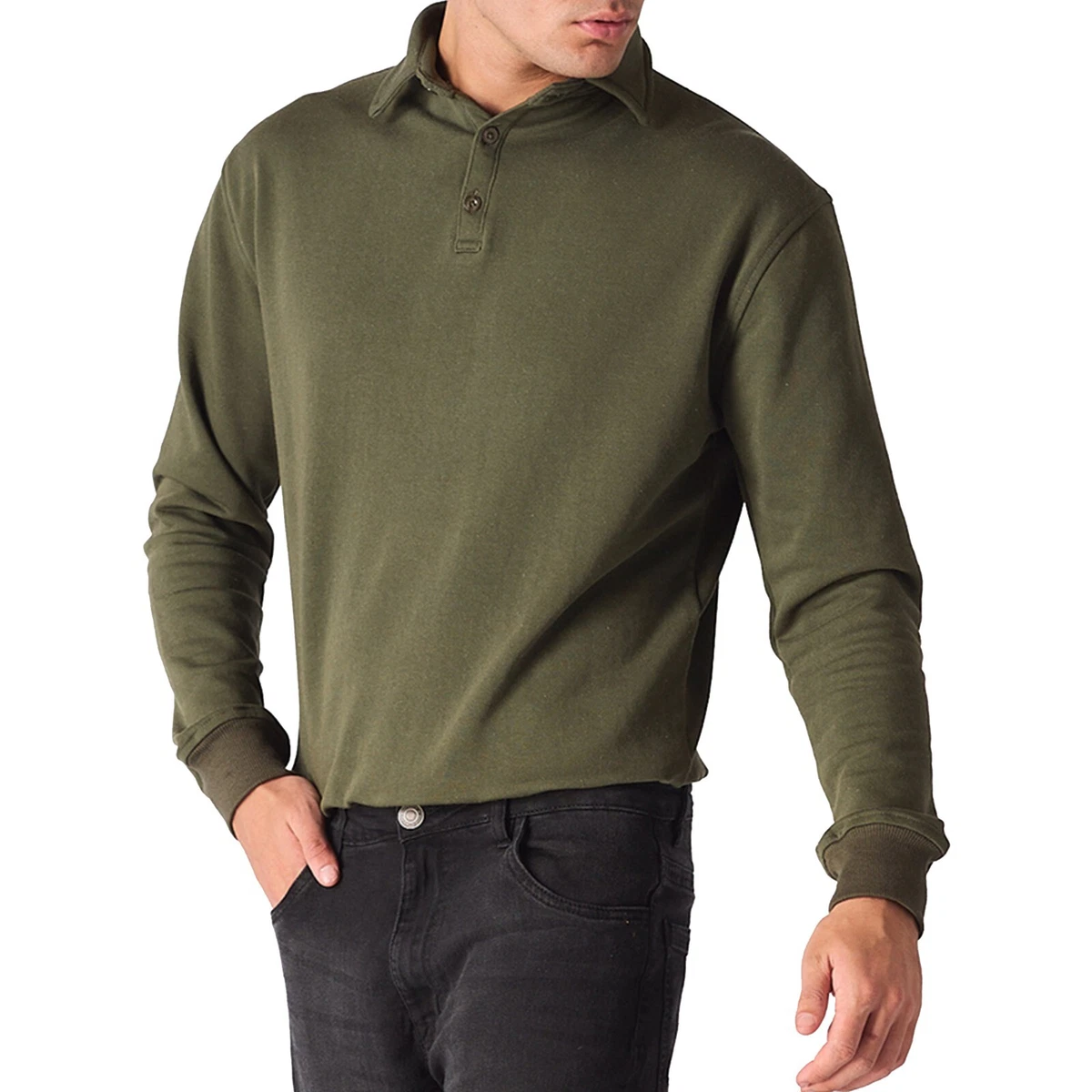 Mens Plain Polo Sweatshirt Long Sleeve Polo Shirt Collared Fleece