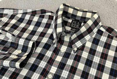 Jos. A. Bank Button Down Shirt Men's LARGE Black White Red Plaid Cotton Pocket