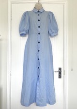 Asos Button Through Vintage Style Midi Tea Dress Blue Collared Puff Sleeve UK8