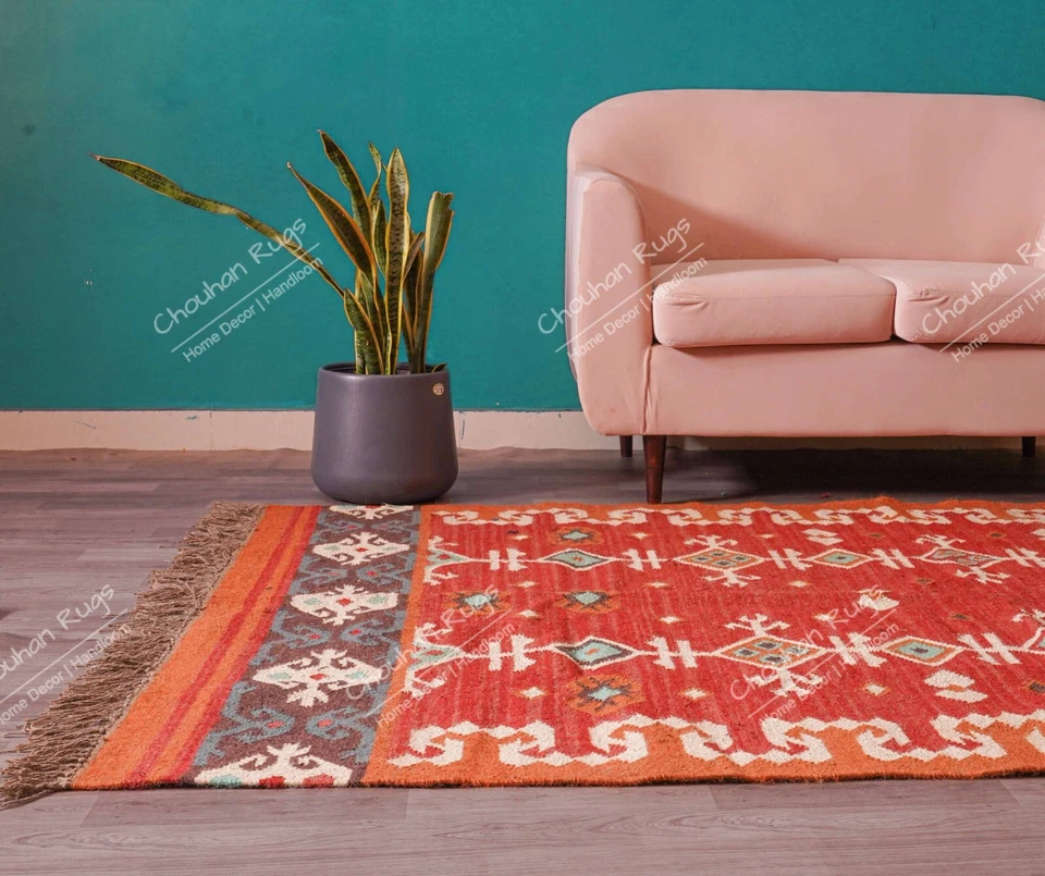 Handwoven Wool And Jute Kilim Rug Red Color Jute Area Rug For Home Decor Jute - Image 4 of 4