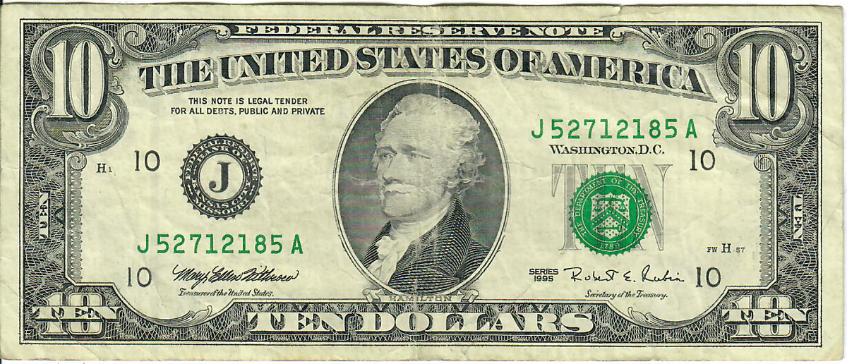 1995 10$ FRN - Small portrait w/ security thread - MEW/RER