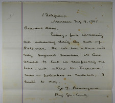 PGT Beauregard Telegram to Jefferson Davis Requesting 10,000 Troops for Manassas