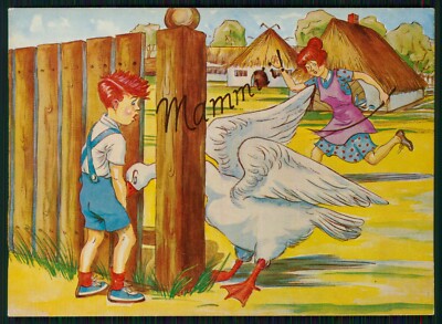Postcard Joke - Farm Goose Bites Boys Front In Pants