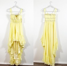 NWT Mac Duggal Strapless Yellow Beaded Ruffle High Low Gown Size 0 Formal