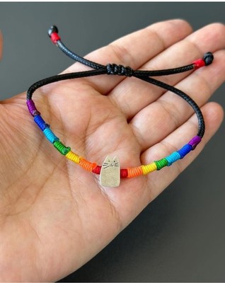 Tolles Handarbeit Geschenk für Katzenliebhaber 925 Sterling Silber Regenbogen Kordel Armband