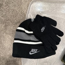 Nike Boys Youth Black Gray White Stripe Knit Beanie Hat with Gloves