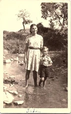 Antique RPPC Children Barefoot in Creek c1920s – Siblings Rural Childhood Photo