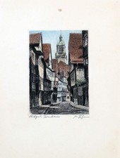 Max FRITZMANN, Stuttgart - Turmstrasse - handkoloriert - Radierung