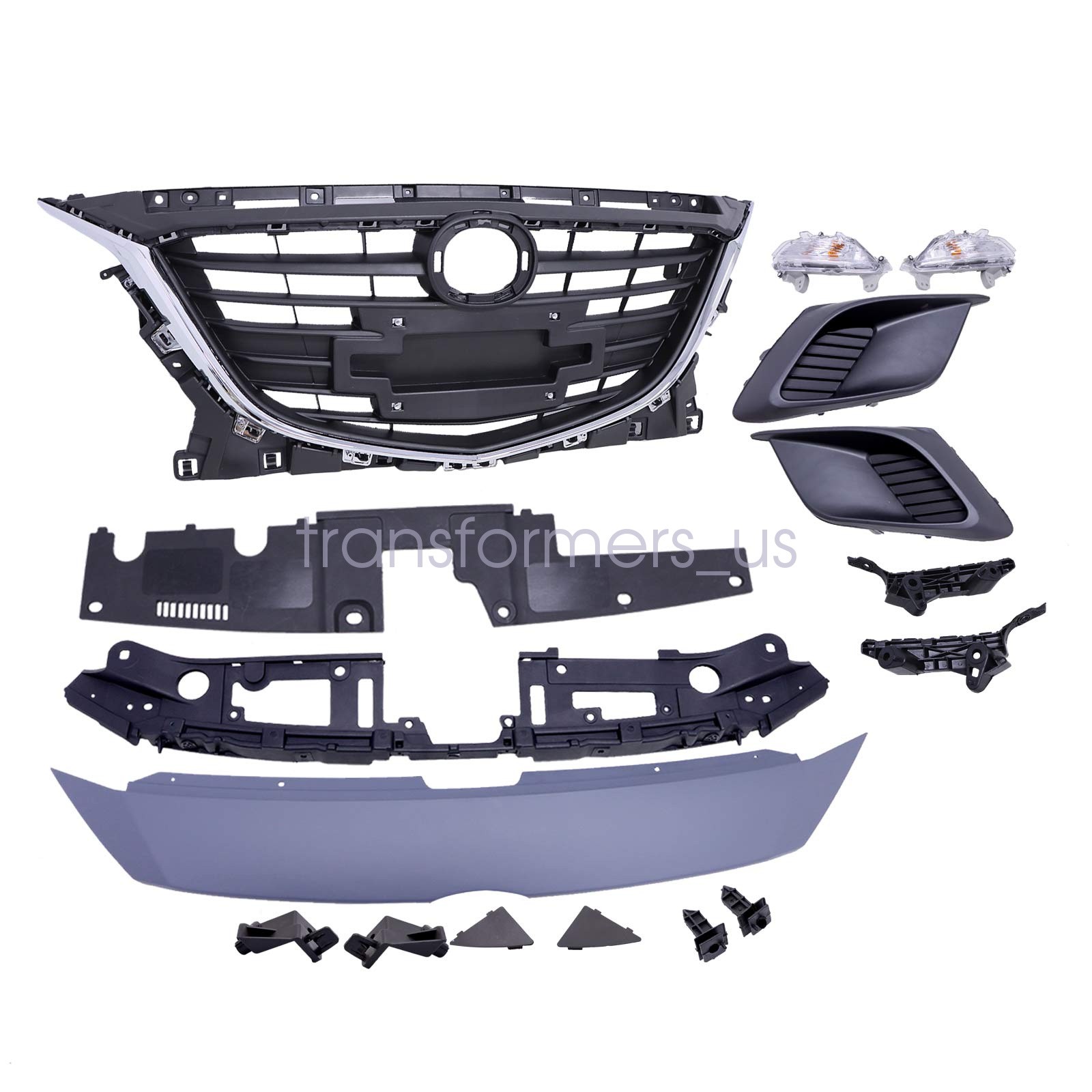 16PC For Mazda 3 2014-2016 Front Chrome Grill Fog light Cover Bumper Bracket Kit