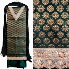 DARK GREEN BANARASI BROCADE SILK INDIAN PAKISTANI SALWAR KAMEEZ SUIT w LACE SNJ
