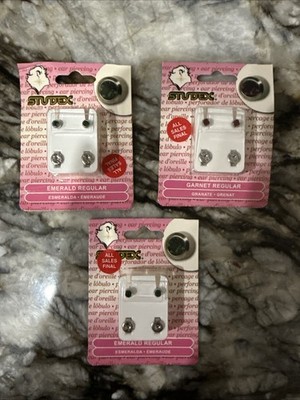 Lot Studex Ear Piercing Earrings ~ 2 Emerald & 1 Garnet Stainless Steel