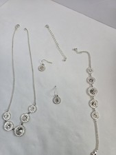 Silver Tone Rhinestone Jewelry Set Necklace Bracelet Earrings Clear Crystal