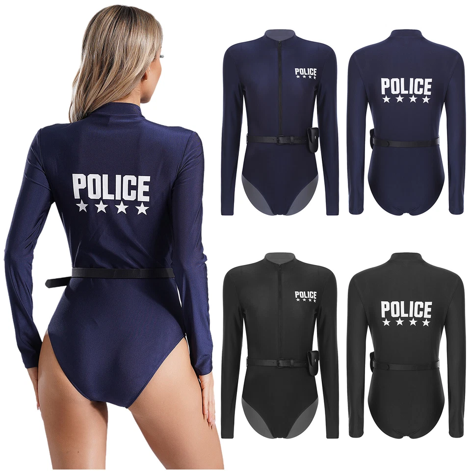 Women Uniform Breathable Outfits Suit Police Costume Front Zipper Purse Sexy - Image 3 of 3