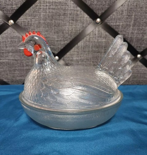 Vintage Indiana Glass Co. Klarglas roter Kamm Henne auf Nest Schale