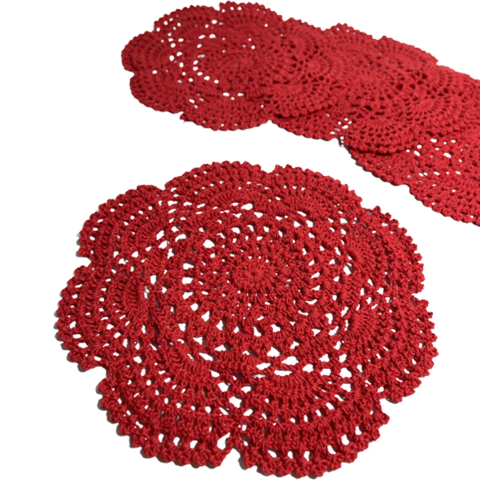 8 Inch Doilies Crochet Round Lace Red Handmade Cotton Coasters, Pack Of 4 - Image 2 of 4