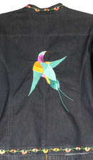 Full Zip Jean Jacket Womens L Blue Embroidered Zipper Cuff Embroidered Bird Boho