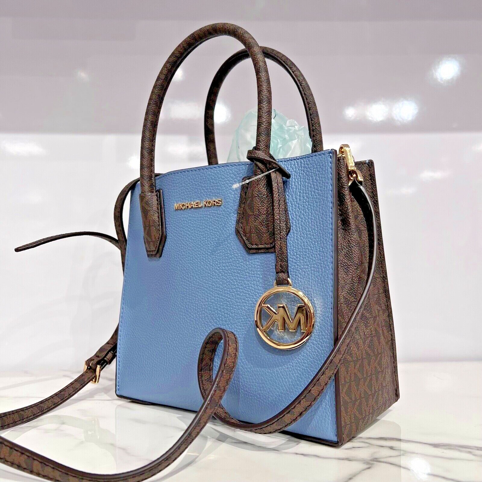 Michael Kors Mercer Messenger MD Crossbody Bag Black Brown Vanilla