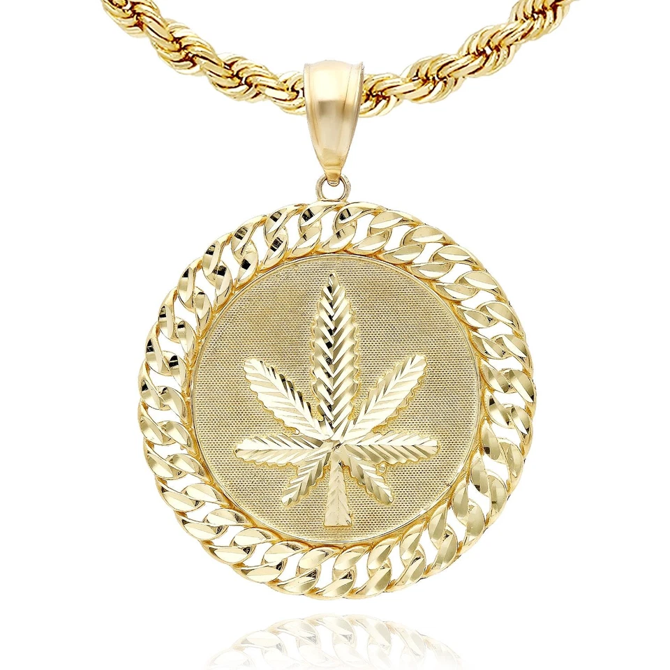 Colgante Redondo Oro 10K Marihuana Hoja de Cáñamo Miami Frontera Cubana 1.7"-2.1" Foto 2 de 4
