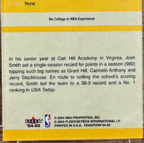 JOSH SMITH 2004-05 FLEER TRADITION GOLD DRAFT DAY ROOKIE MISSING SERIAL # HAWKS - Image 3 of 3