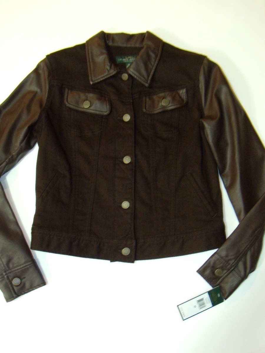 NWT Womens Ralph Lauren Faux Leather Trim Pike Brown Jean Jacket XS NEW