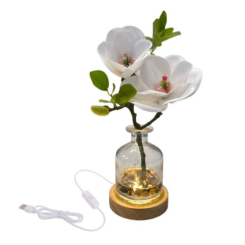 Real Touch 13 inch Artificial White Magnolia Flowers in Glass Vase and LED Base - Picture 5 of 7
