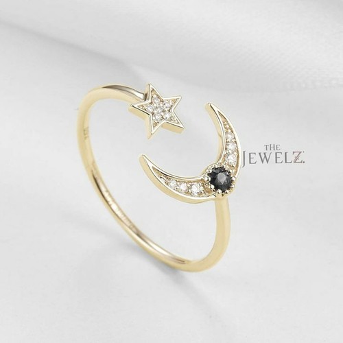 14K Gold 0.18 CT White-Black VS/F-G Diamond Crescent Moon Star Ring Jewelry - Picture 3 of 5