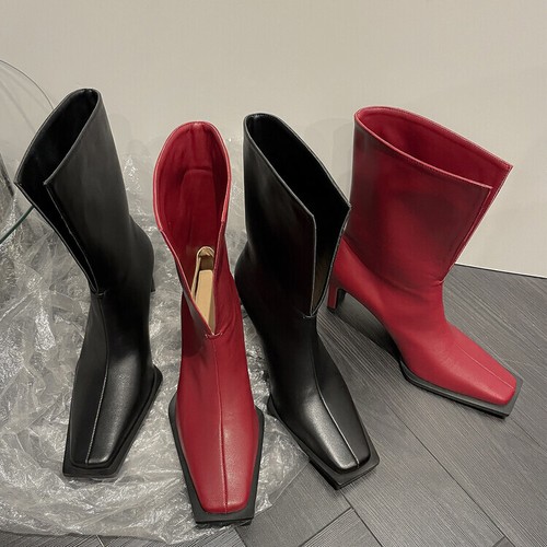 Women's 2023 Fashion Square Toe Mid Heel Cuffed Mid Calf Ankle Boots Shoes EACA - Picture 12 of 14