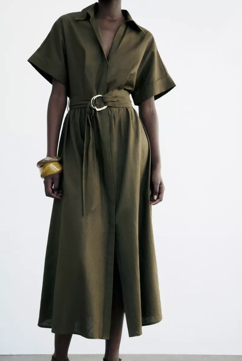 Zara New Green Linen Blend Midi Belted Shirtdress. Short