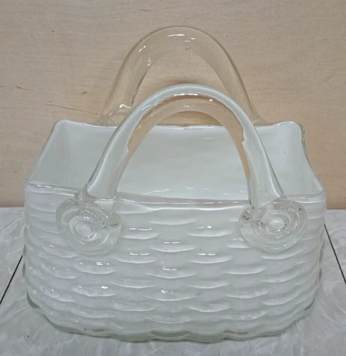 Vintage Hand Blown Murano Style White Woven Glass Purse Figurine Vase
