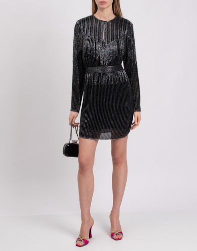 RRP €290 TWINSET Crepe Shift Dress IT40 US4 UK8 XS Black Beaded Fringes Belted