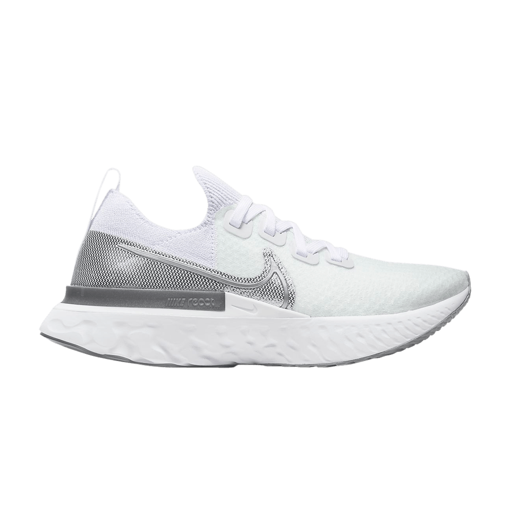 Nike Women React Infinity Run Flyknit White Metallic Silver Running Shoes CD4372-101