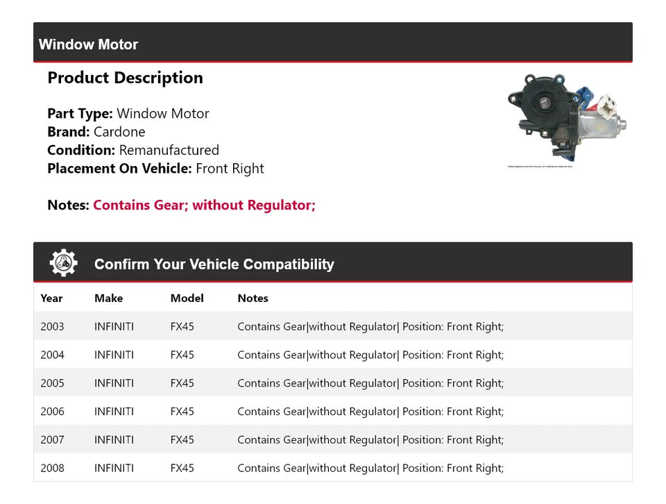 Motor de ventana delantero derecho Cardone 2004 2005 2006 2007 para Infiniti FX45 2003-2008 Foto 2 de 4