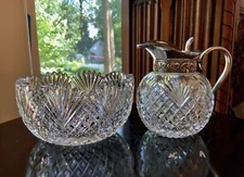 AMERICAN BRILLIANT STRAWBERRY DIAMOND FAN SYRUP PITCHER & SUGAR BOWL / LIBBEY 