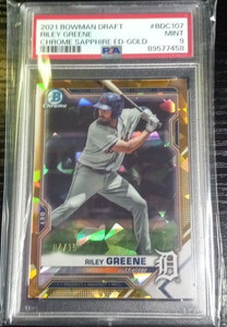 POP 1! PSA 9 Mint-2021 Bowman Chrome Gold Sapphire Refractor Riley Greene RC /15