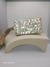 Vintage Mother of Pearl Minaudi re Vanity Evening Purse Clutch Mesh Wrist 1950s