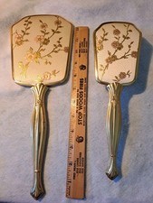 Vintage Vanity Set GoldTone Hair Brush  Mirror, Delicate Floral Design On Cream