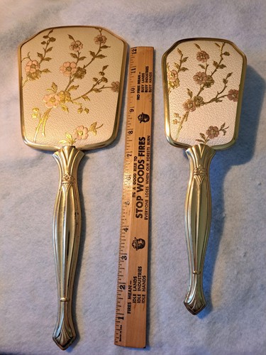 Vintage Waschtisch Set goldfarbene Haarbürste & Spiegel, zartes florales Design auf creme - Bild 1 von 7