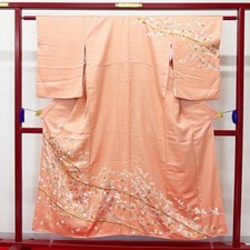 Authentic Japanese Silk Houmongi Kimono Coral Pink Floral Branch Pattern Formal