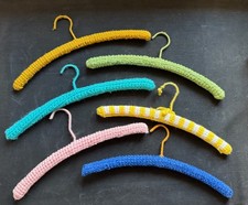 Set Of 6 Vintage Handmade Crocheted Padded Wooden Hangers - Multi-Color