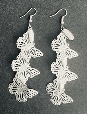 Silver Three Butterfly Long Dangle Drop Earrings Lightweight Boho