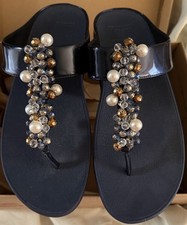 Fitflop Sandals Deco Cha Cha Dark Blue Beaded Toe Thong Wedge T Strap Sandal 9M